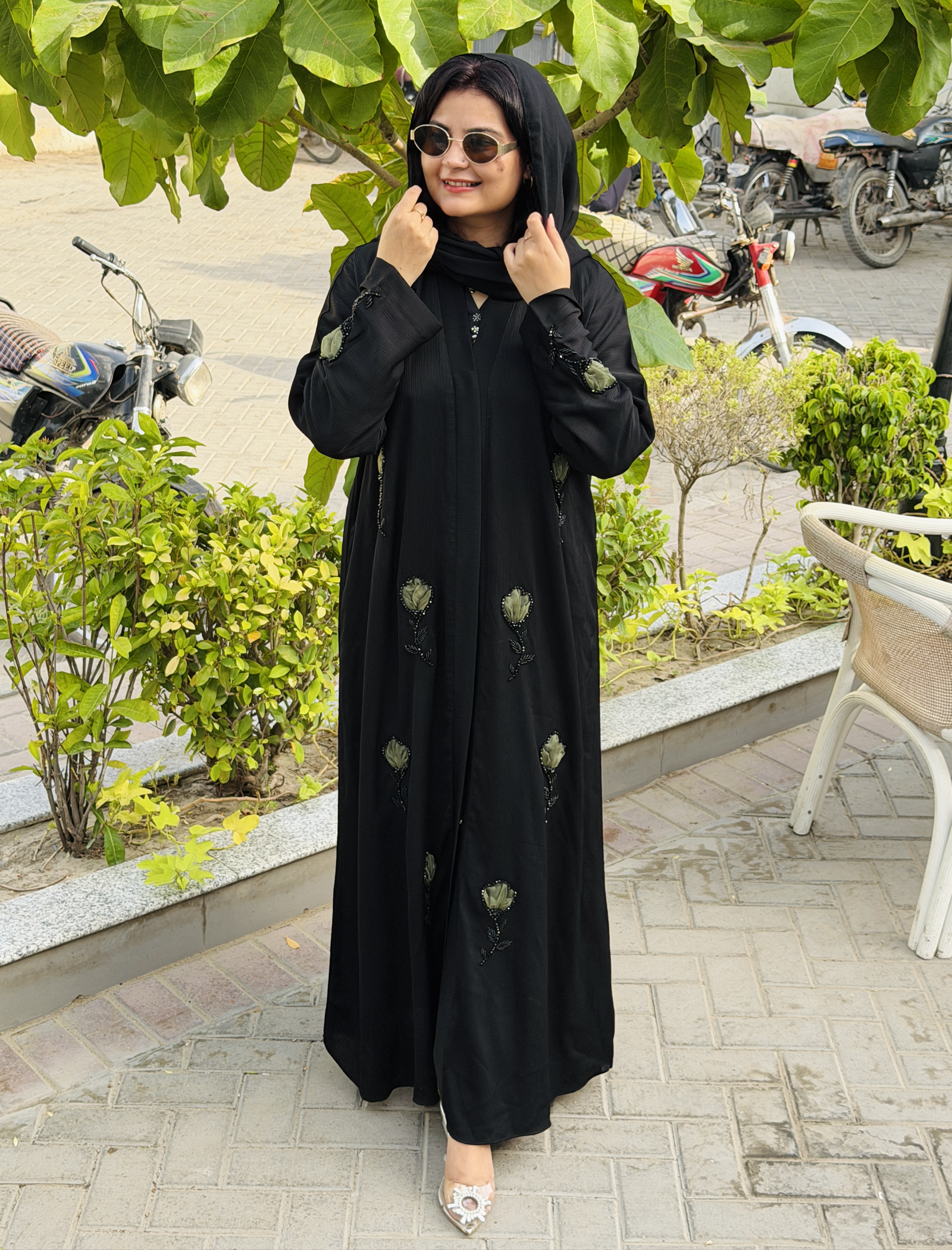 Elegant Black Olive Floral Whisper Abaya