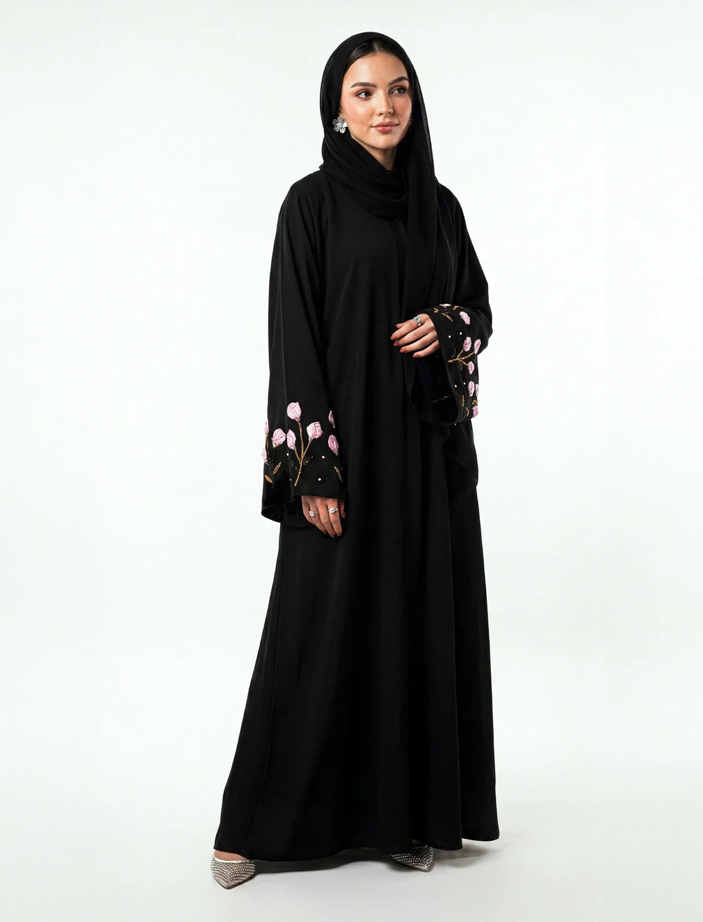 Black Embroidered Floral Abaya