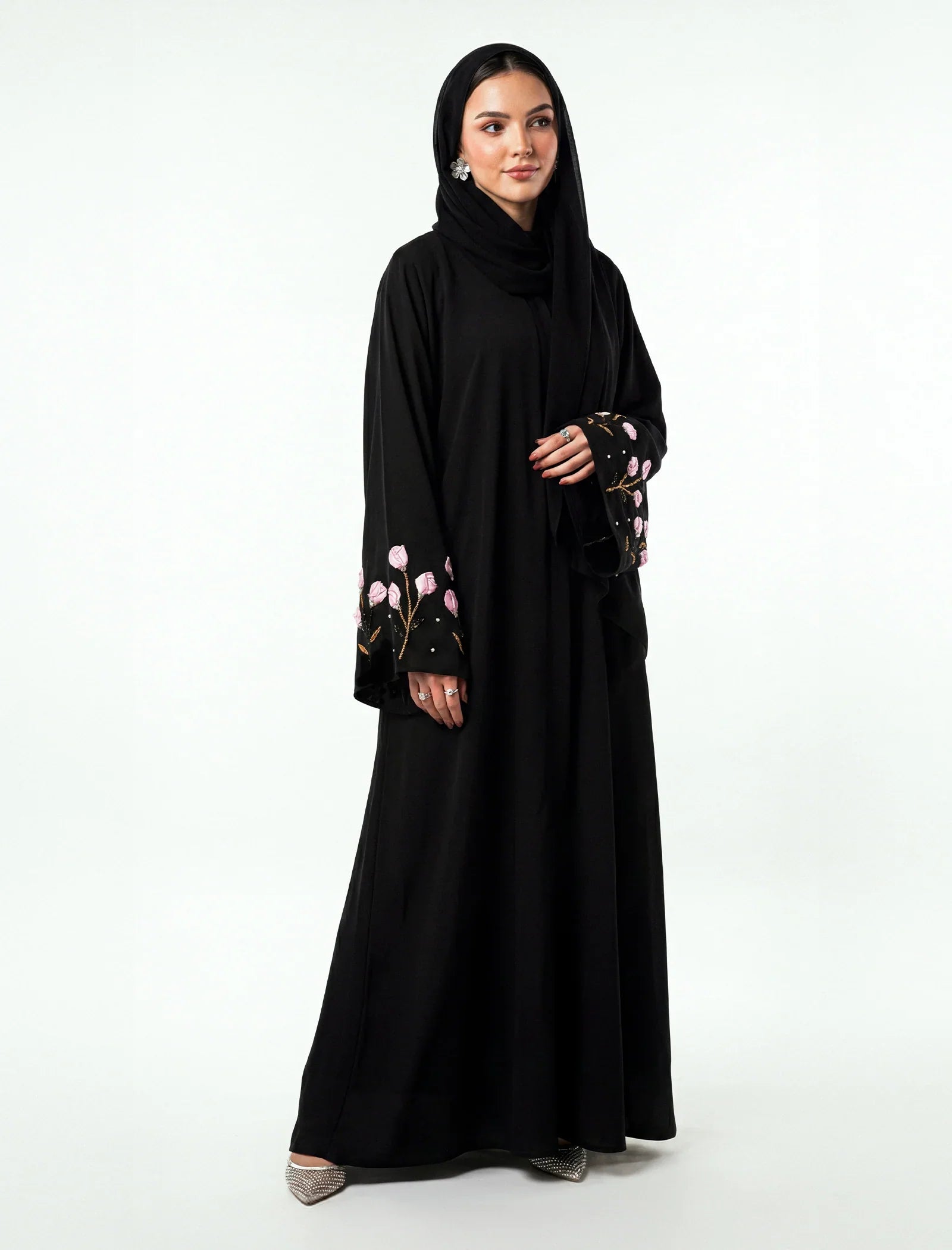 Black Embroidered Floral Abaya
