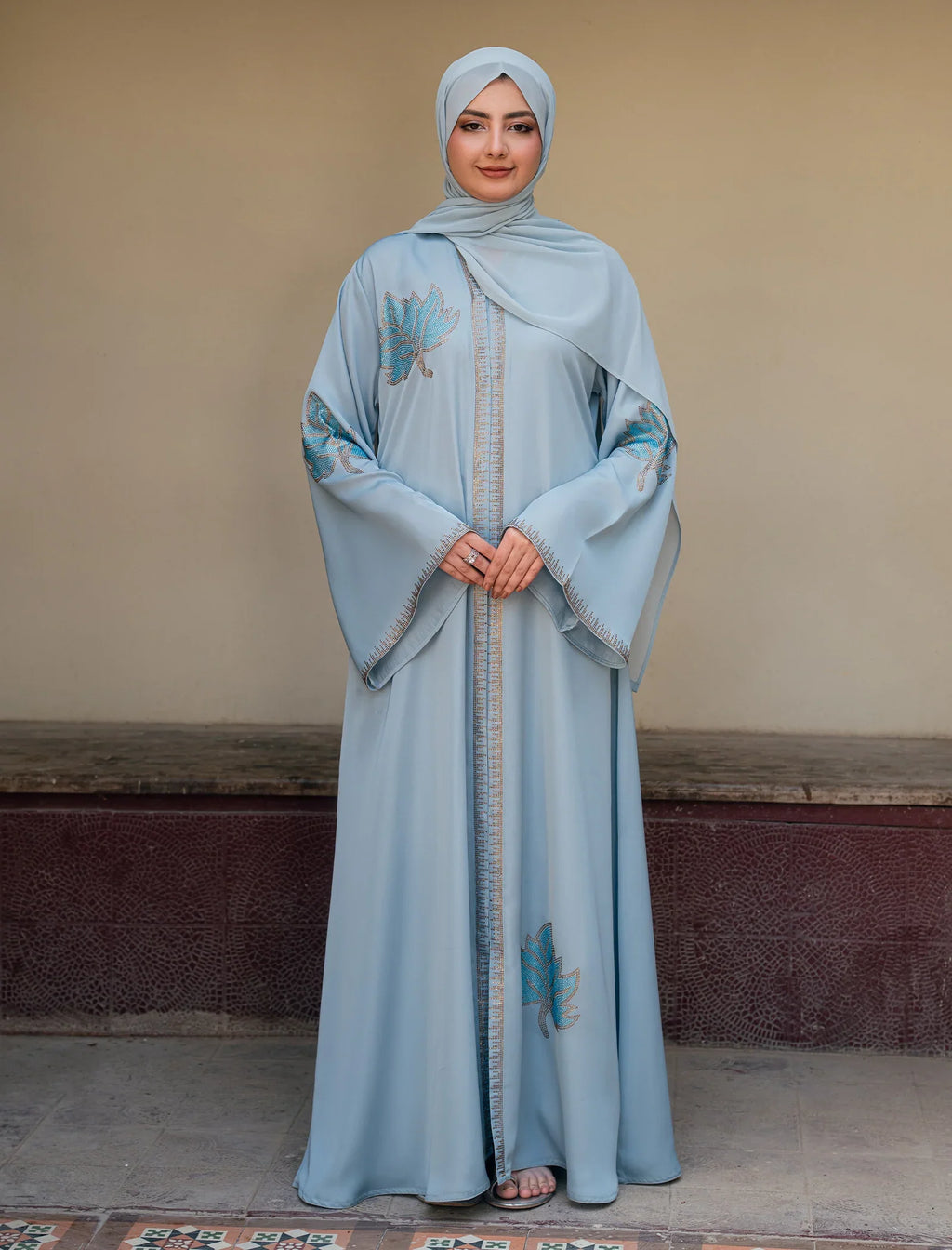 Elegant Light Blue Embroidered Abaya