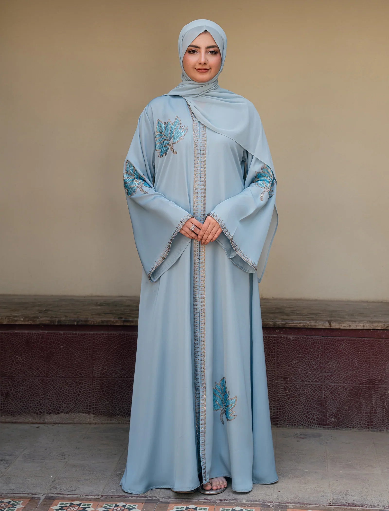 Elegant Light Blue Embroidered Abaya