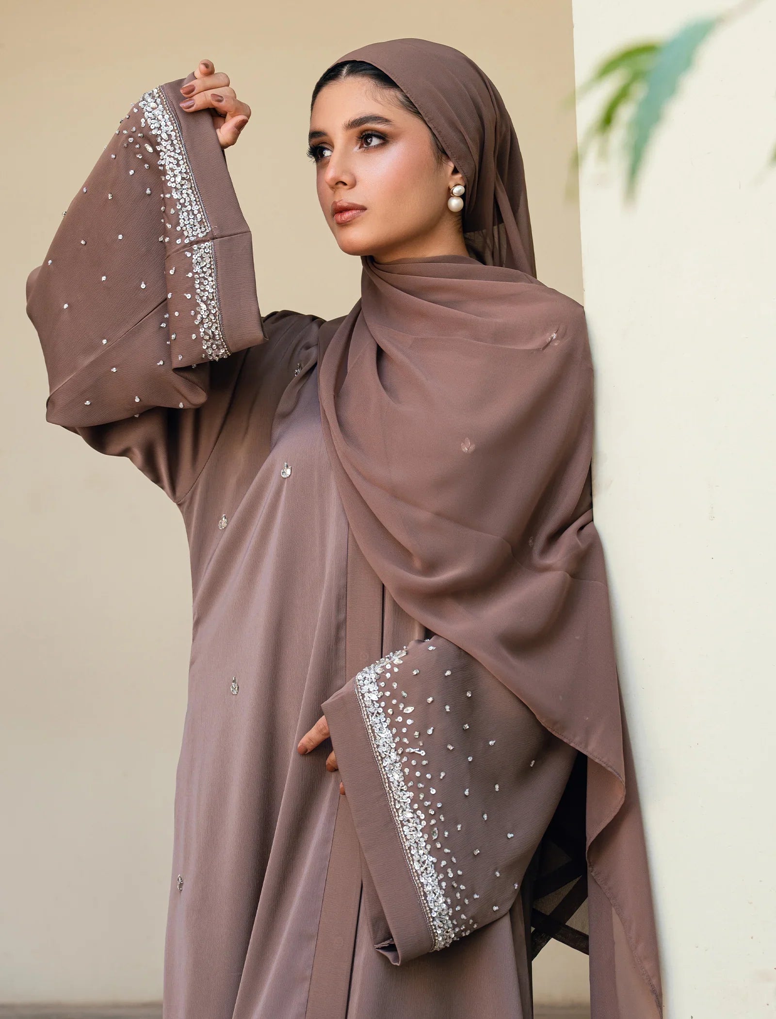 Pearl Embellished Brown Abaya
