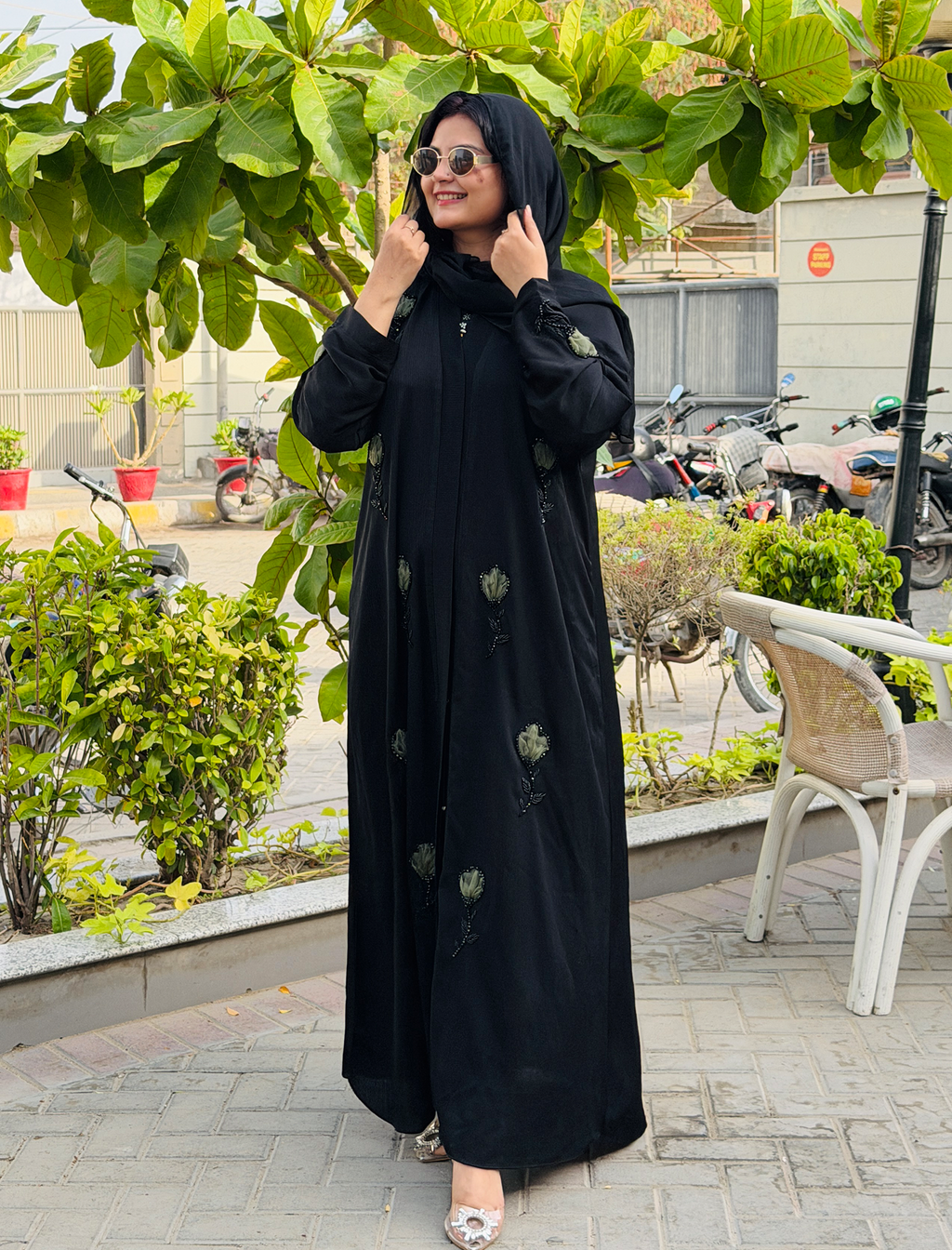 Elegant Black Olive Floral Whisper Abaya