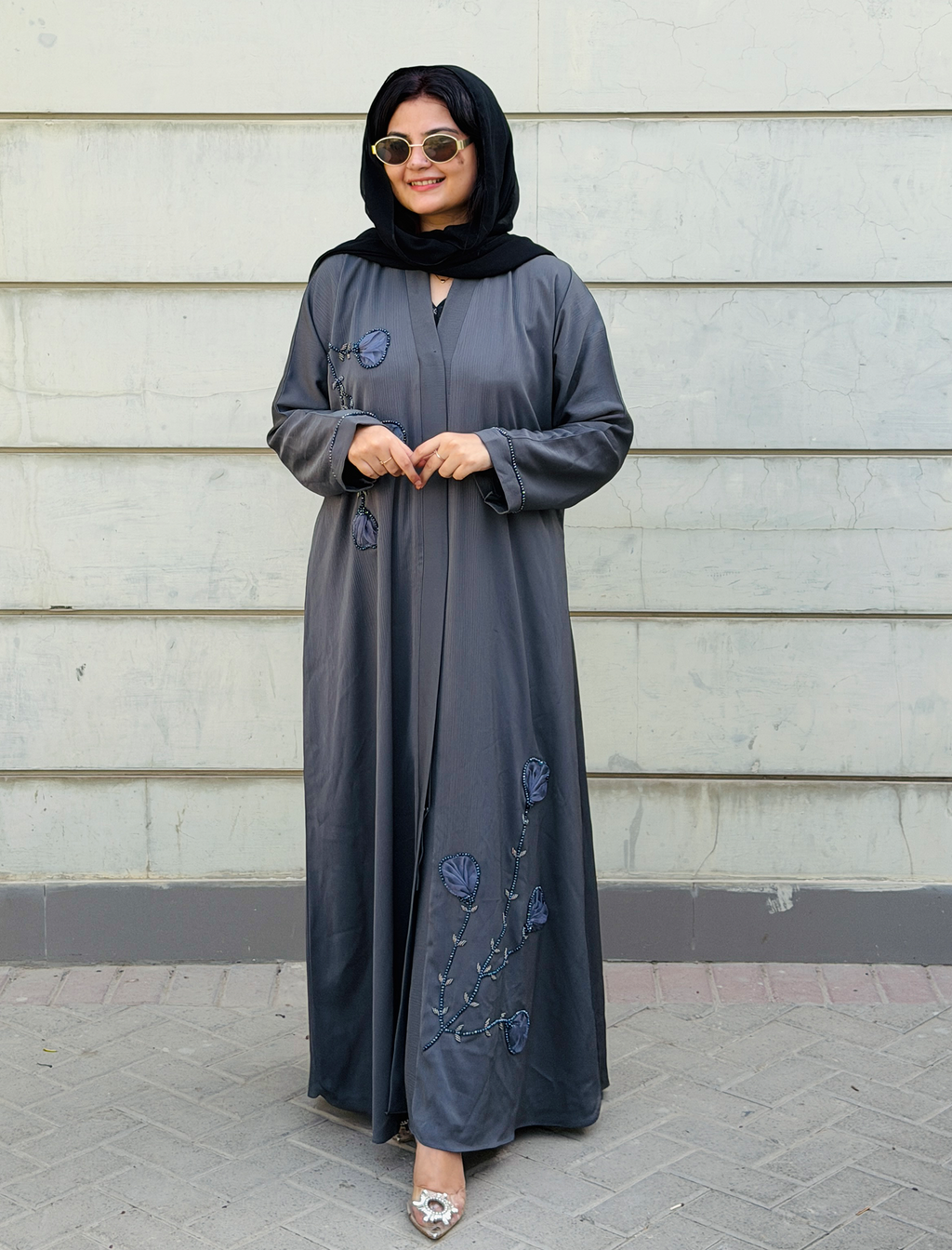 Elegant Dark Grey Floral Whisper Abaya