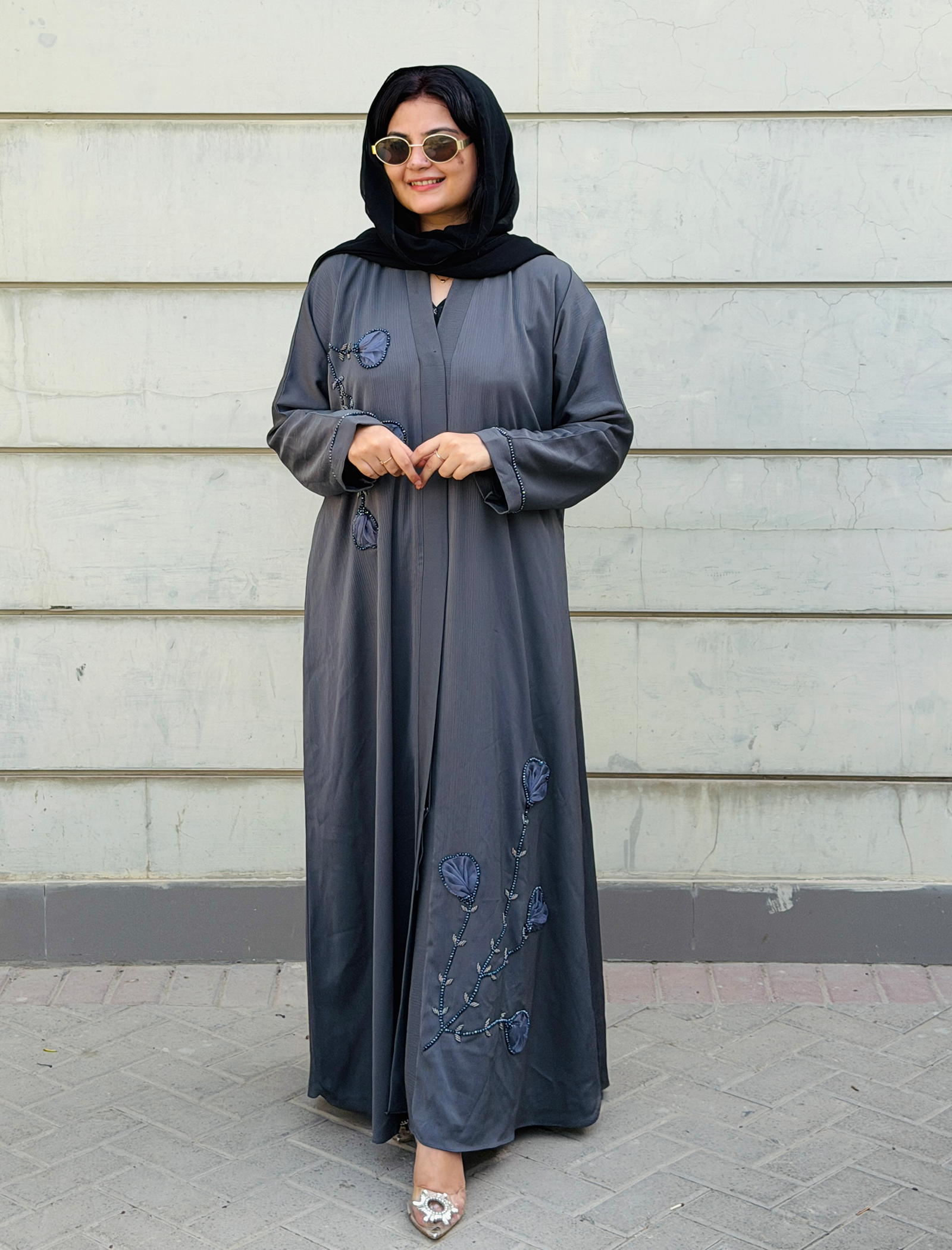 Elegant Dark Grey Floral Whisper Abaya