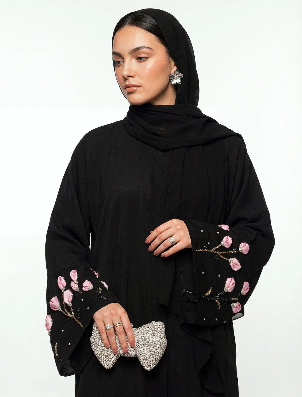 Black Embroidered Floral Abaya
