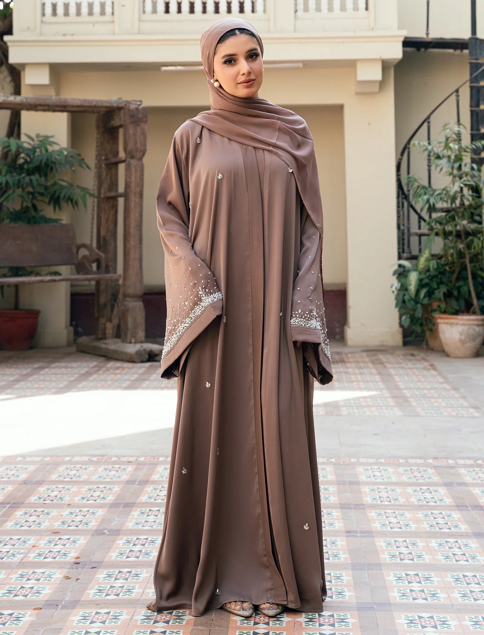 Pearl Embellished Brown Abaya