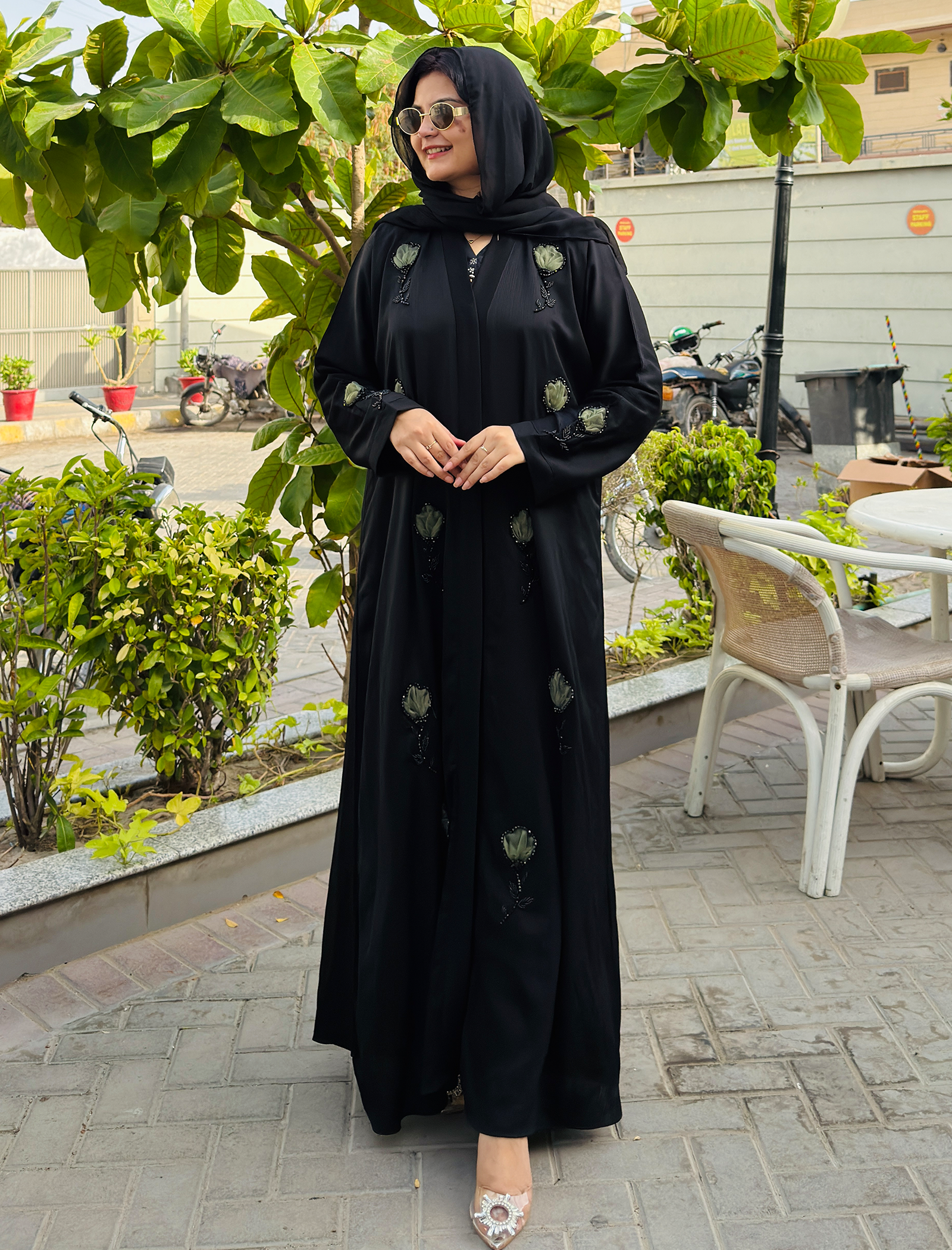 Elegant Black Olive Floral Whisper Abaya