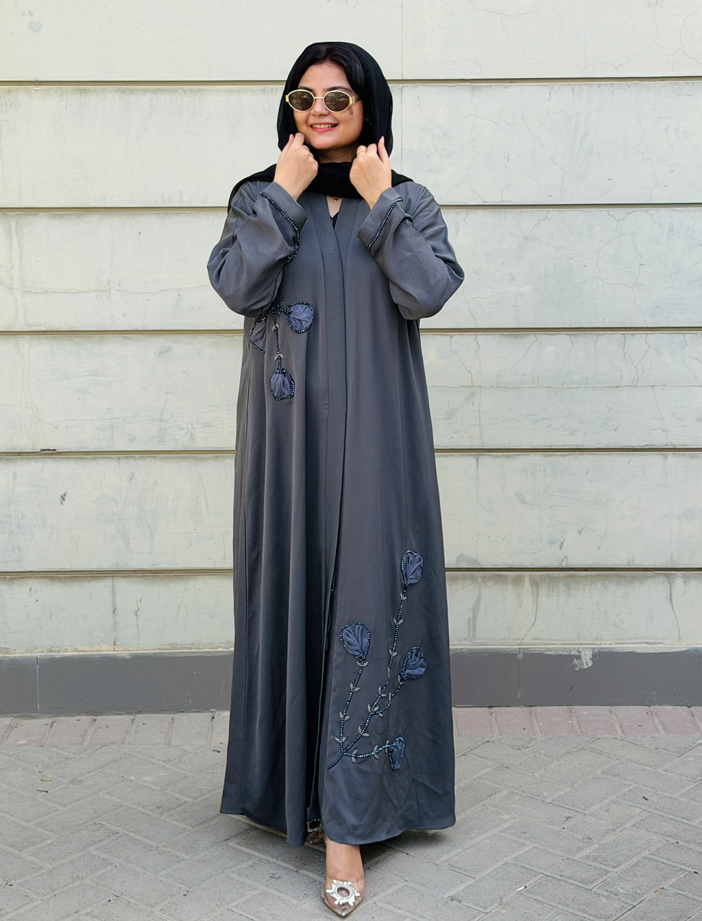 Elegant Dark Grey Floral Whisper Abaya