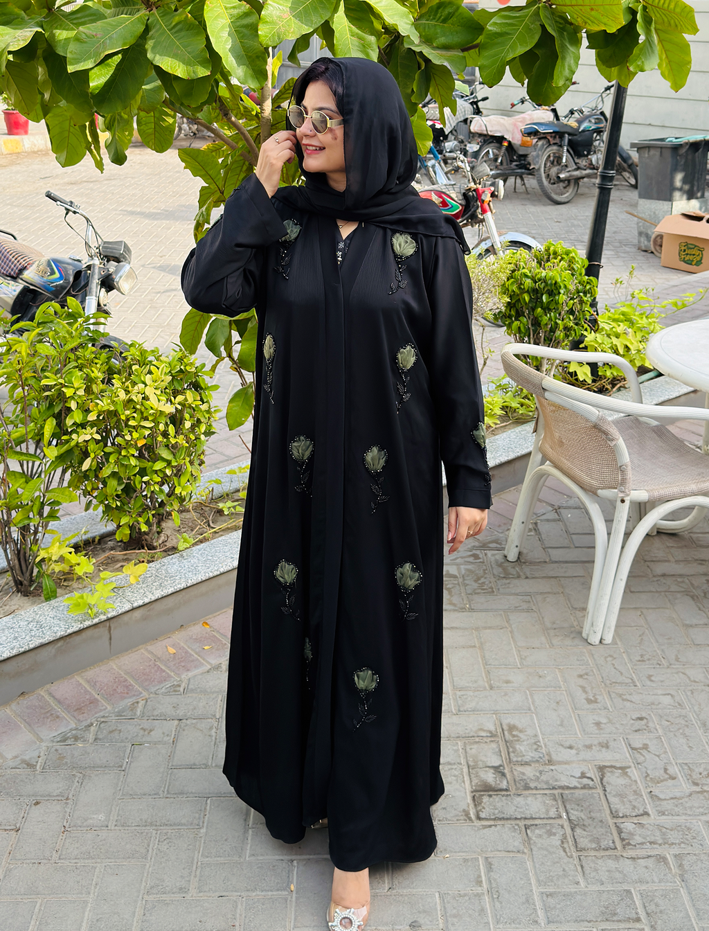Elegant Black Olive Floral Whisper Abaya