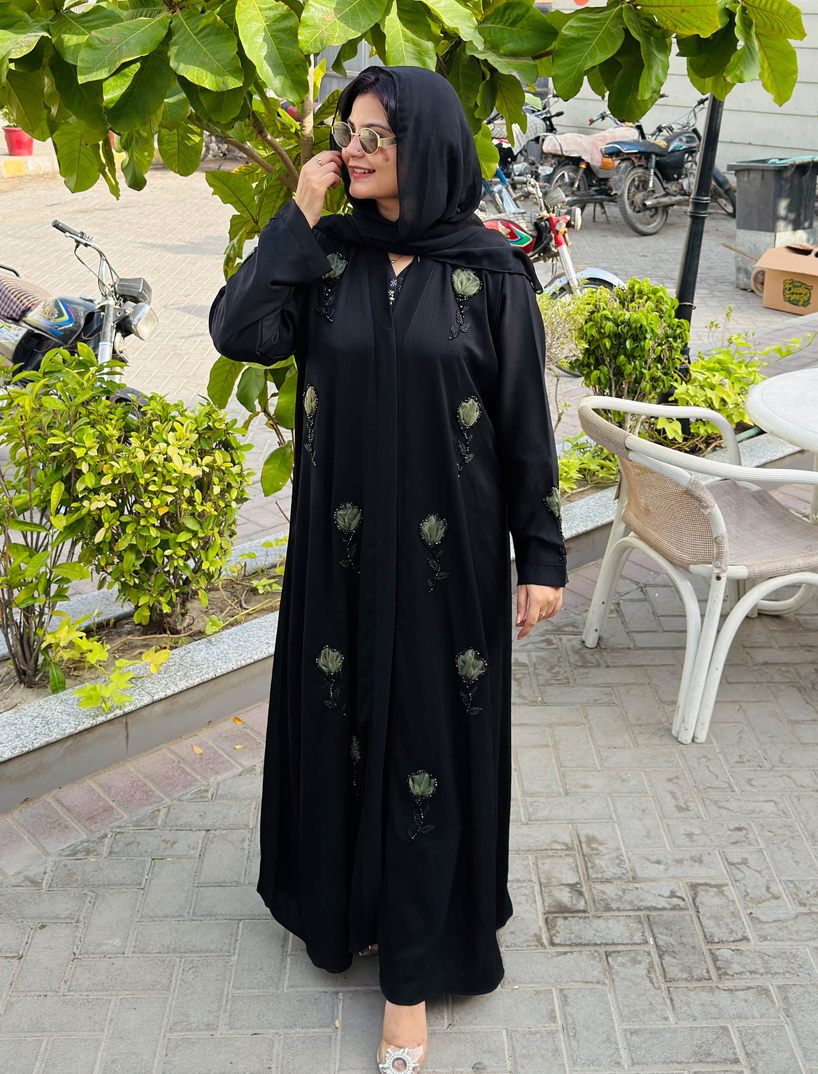 Elegant Black Olive Floral Whisper Abaya
