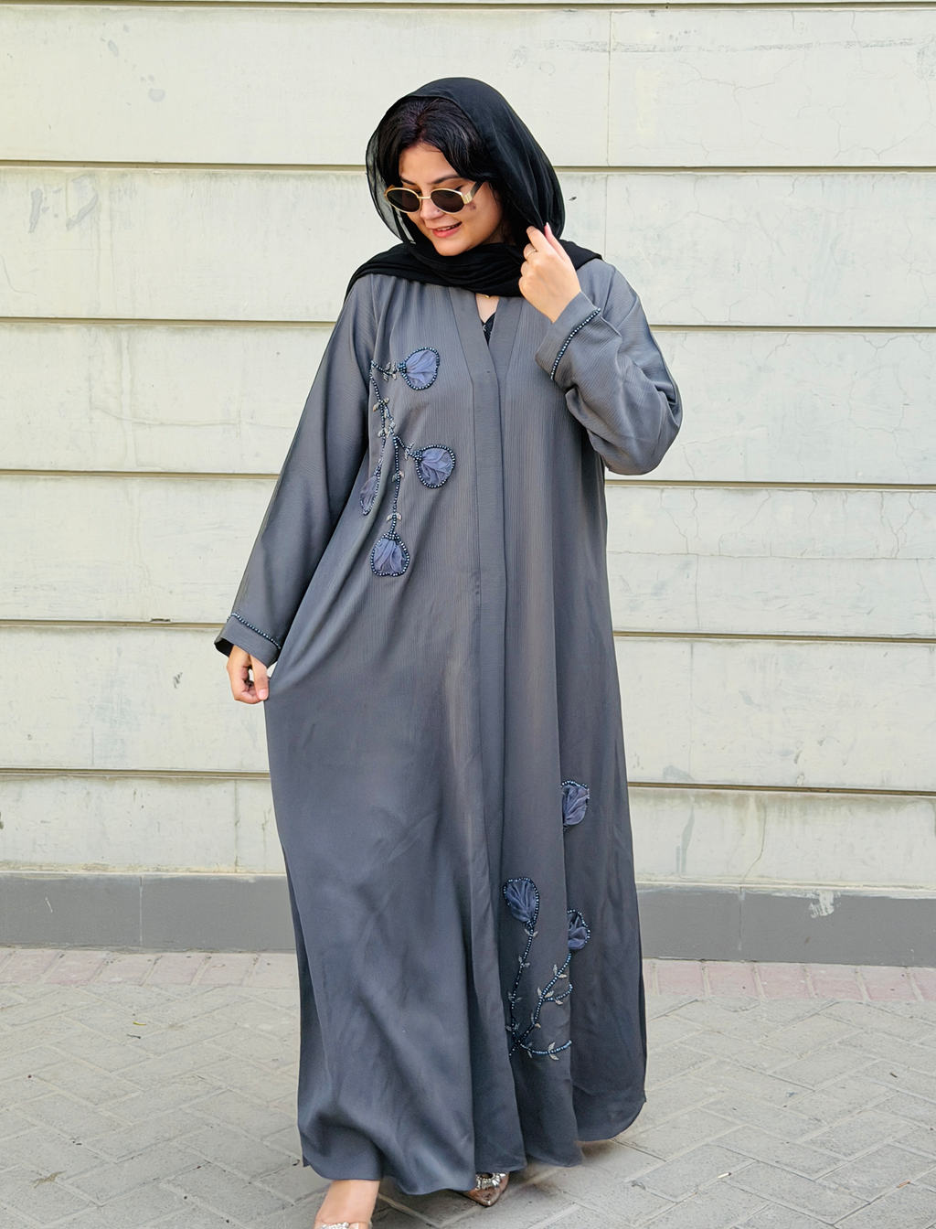 Elegant Dark Grey Floral Whisper Abaya