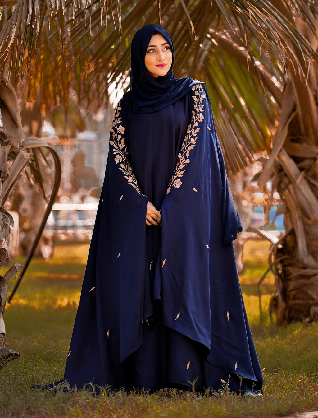 Elegant Midnight Blue Embroidered Abaya