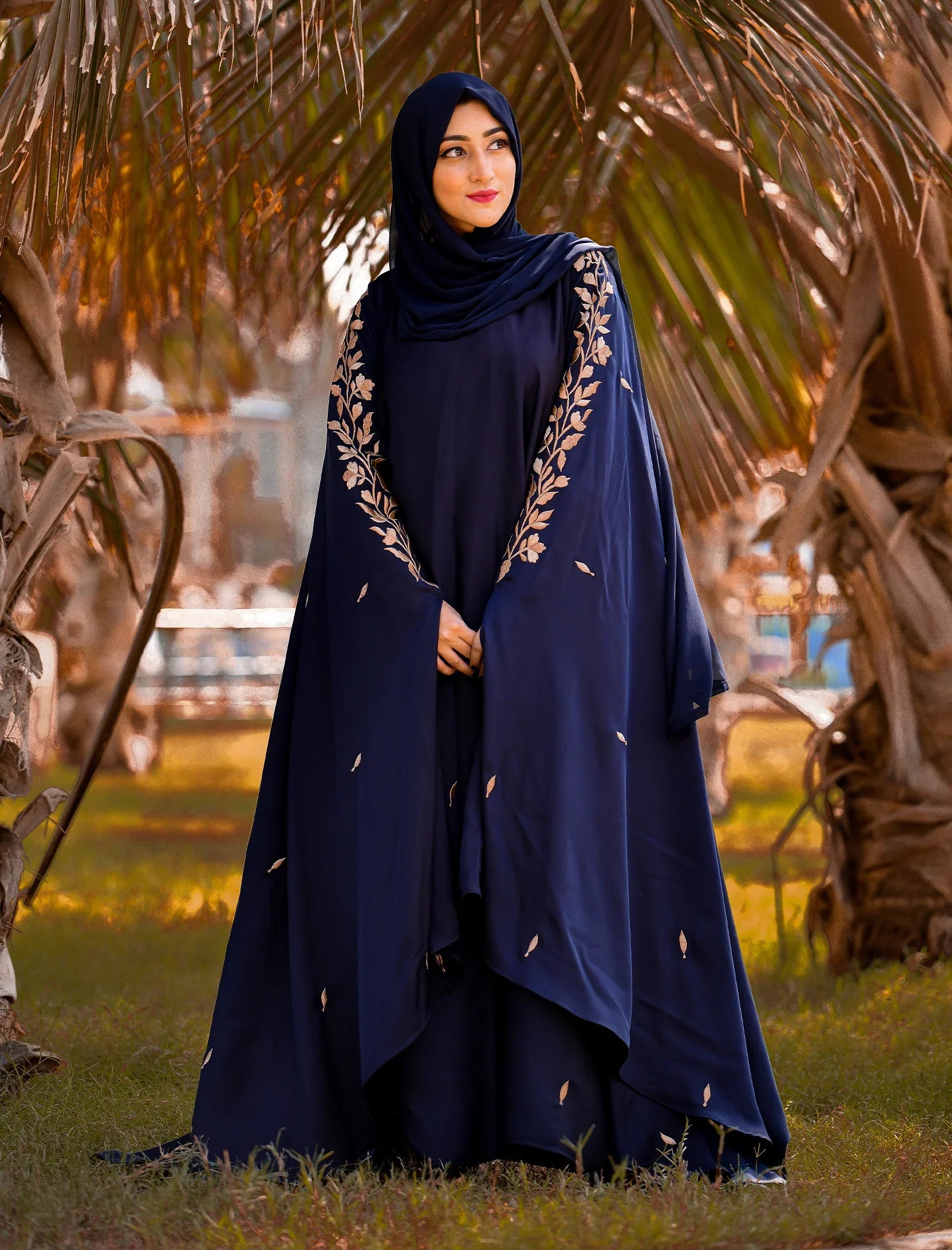Elegant Midnight Blue Embroidered Abaya