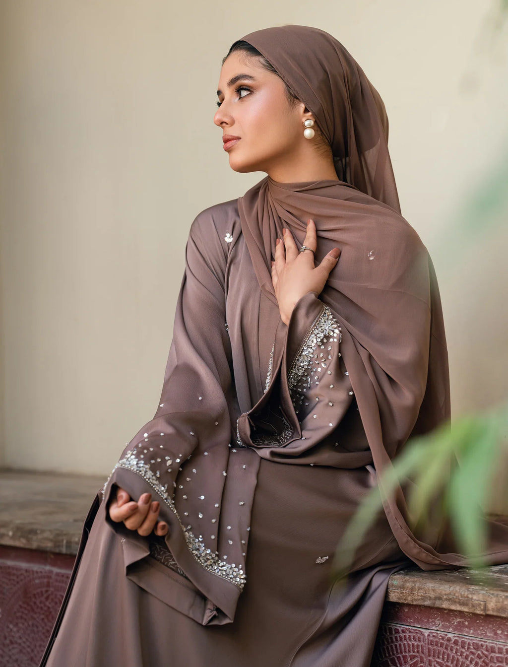 Pearl Embellished Brown Abaya