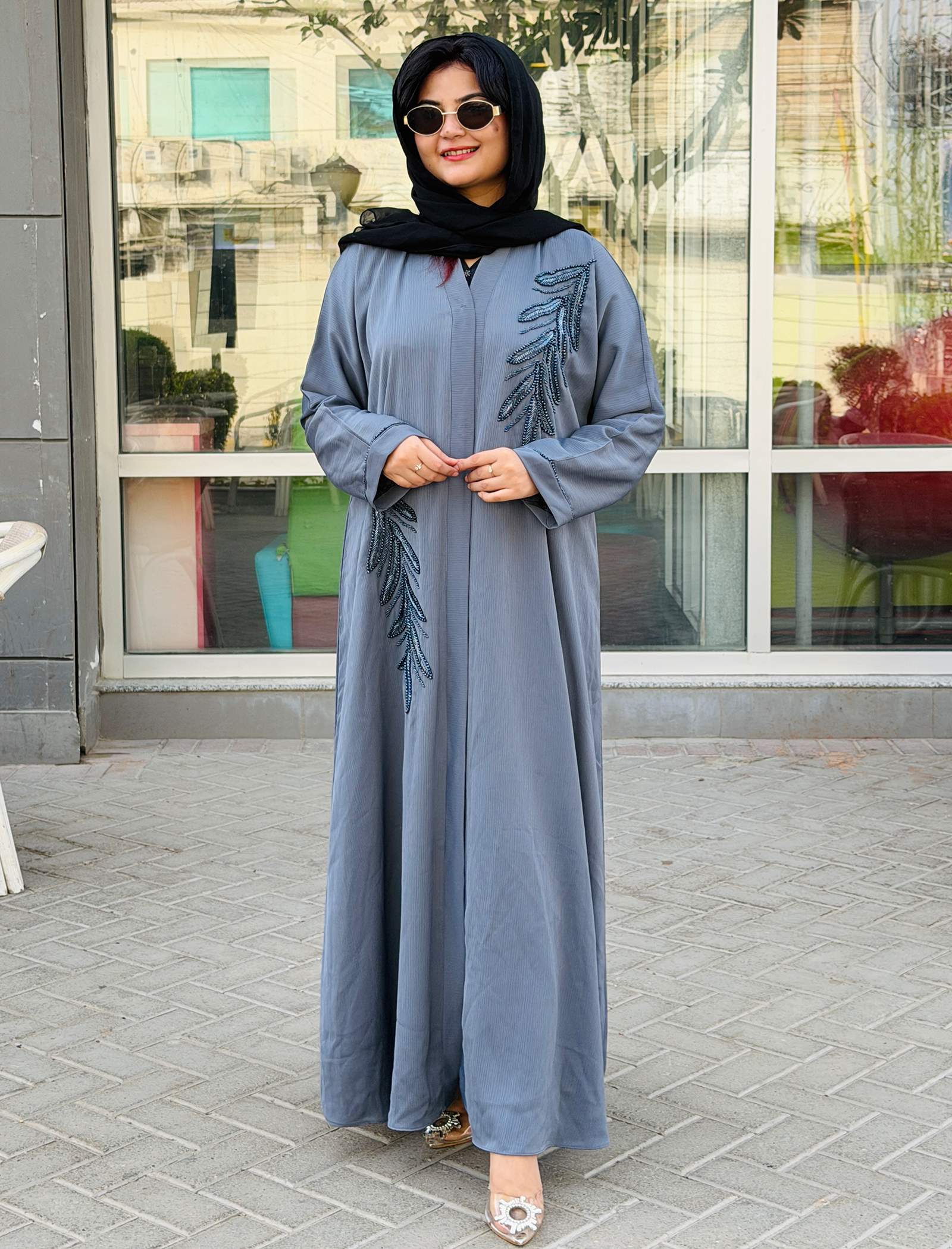 Elegant Soft Blue Embroidered Abaya