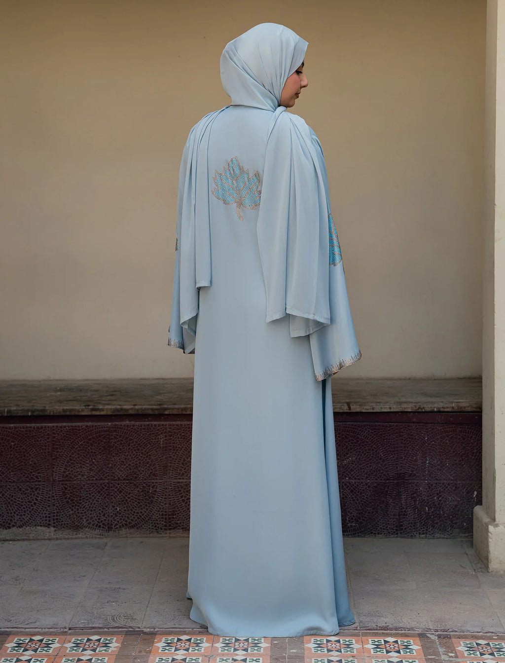 Elegant Light Blue Embroidered Abaya