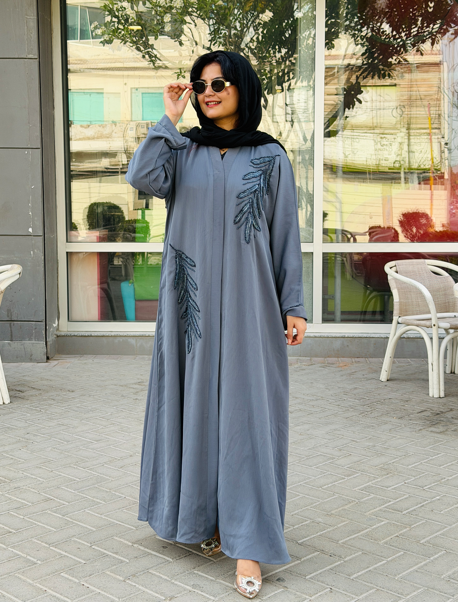 Elegant Soft Blue Embroidered Abaya