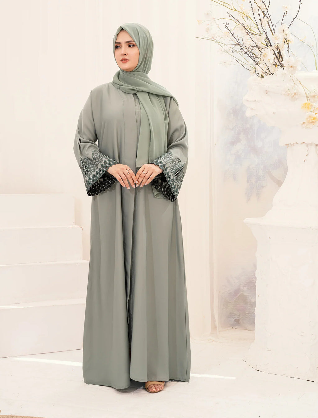 Elegant Sage Green Embroidered Abaya