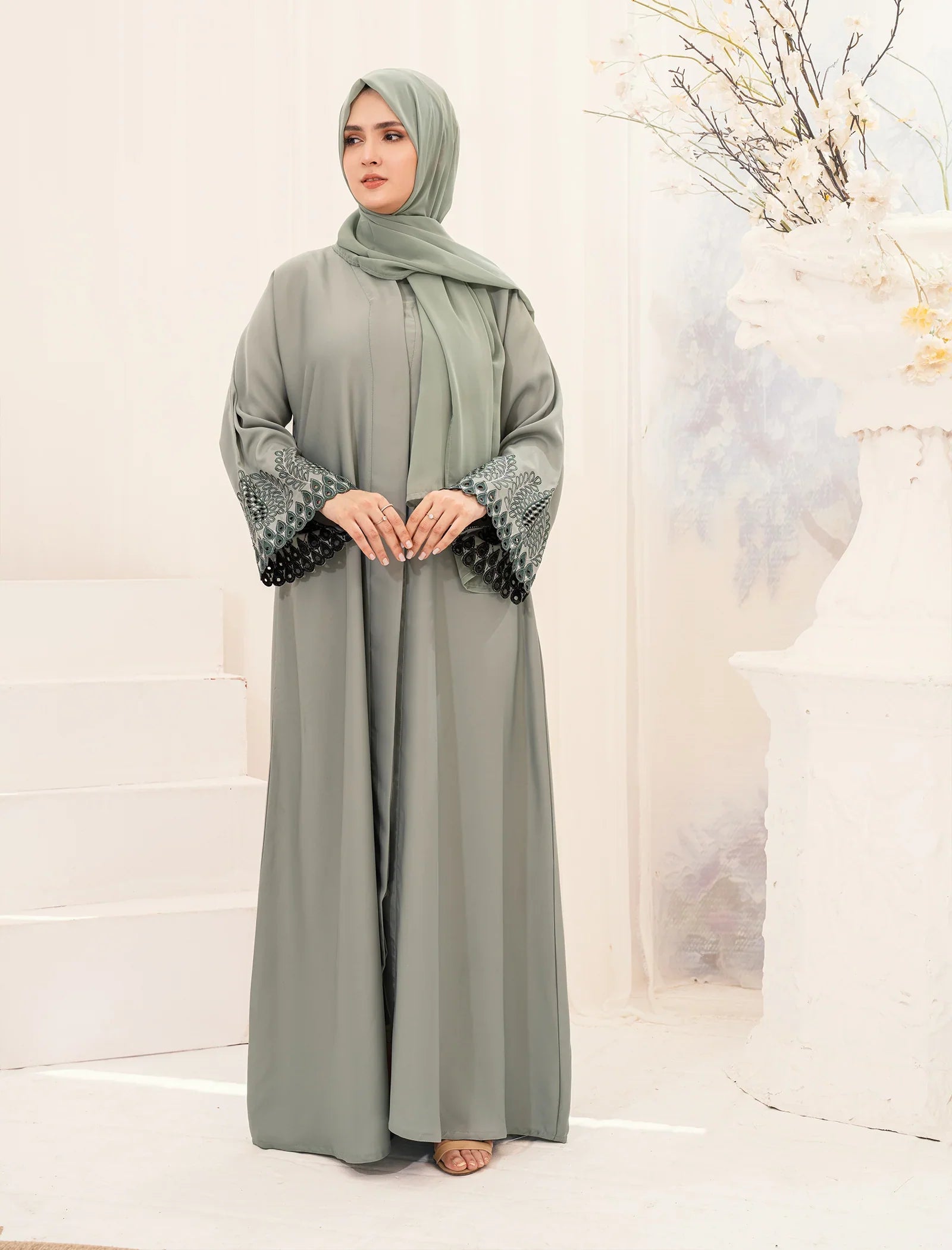 Elegant Sage Green Embroidered Abaya