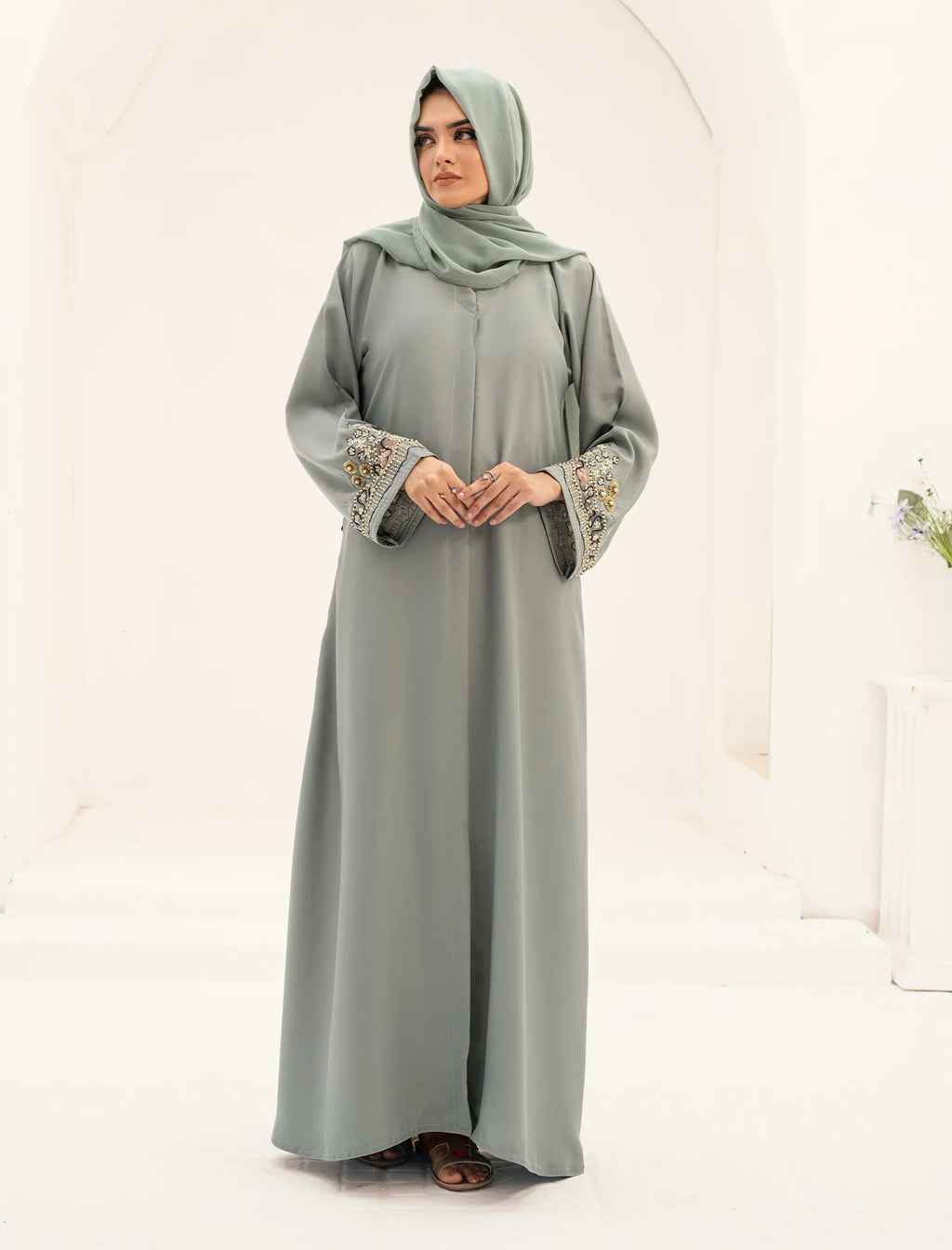 Elegant Grey Embroidered Abaya