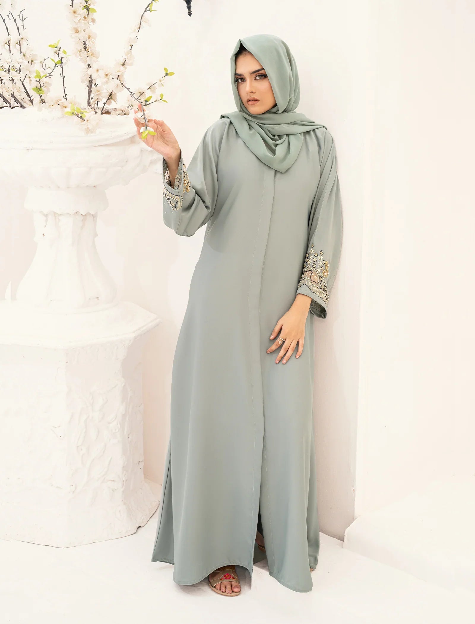 Elegant Grey Embroidered Abaya