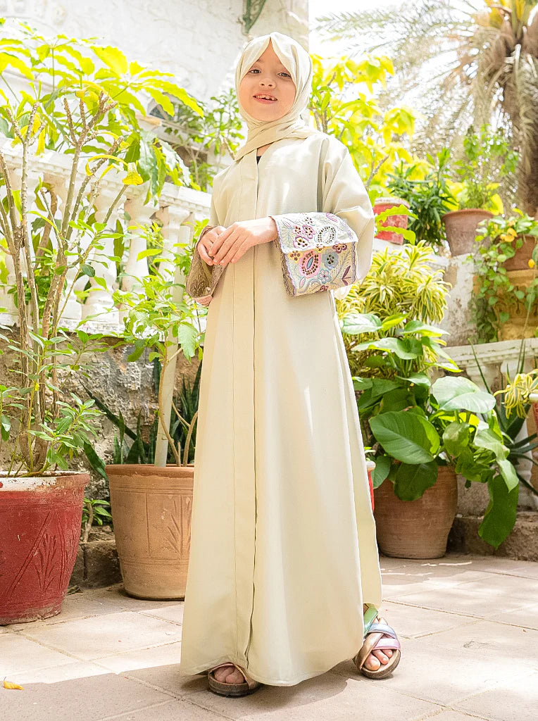Elegant Cream Abaya with Embroidered Cuffs