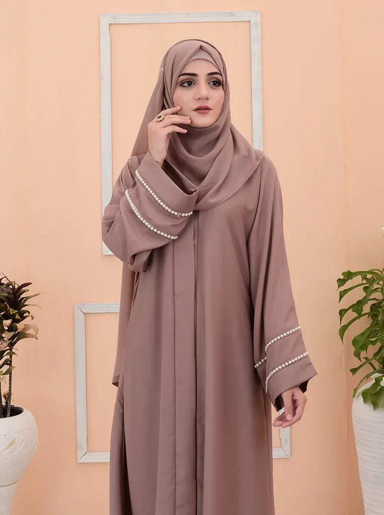 Elegant Taupe Pearl-Embellished Abaya