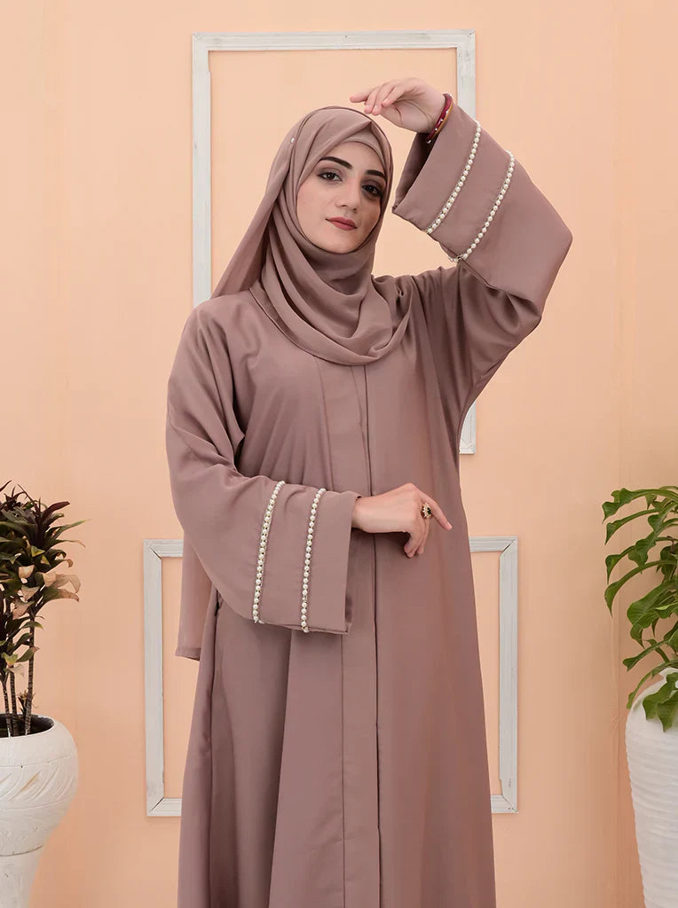 Elegant Taupe Pearl-Embellished Abaya