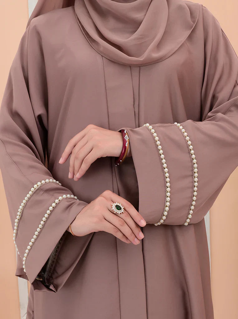 Elegant Taupe Pearl-Embellished Abaya