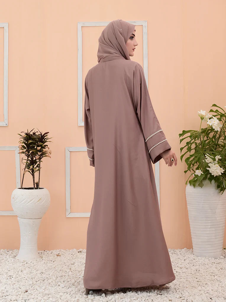 Elegant Taupe Pearl-Embellished Abaya