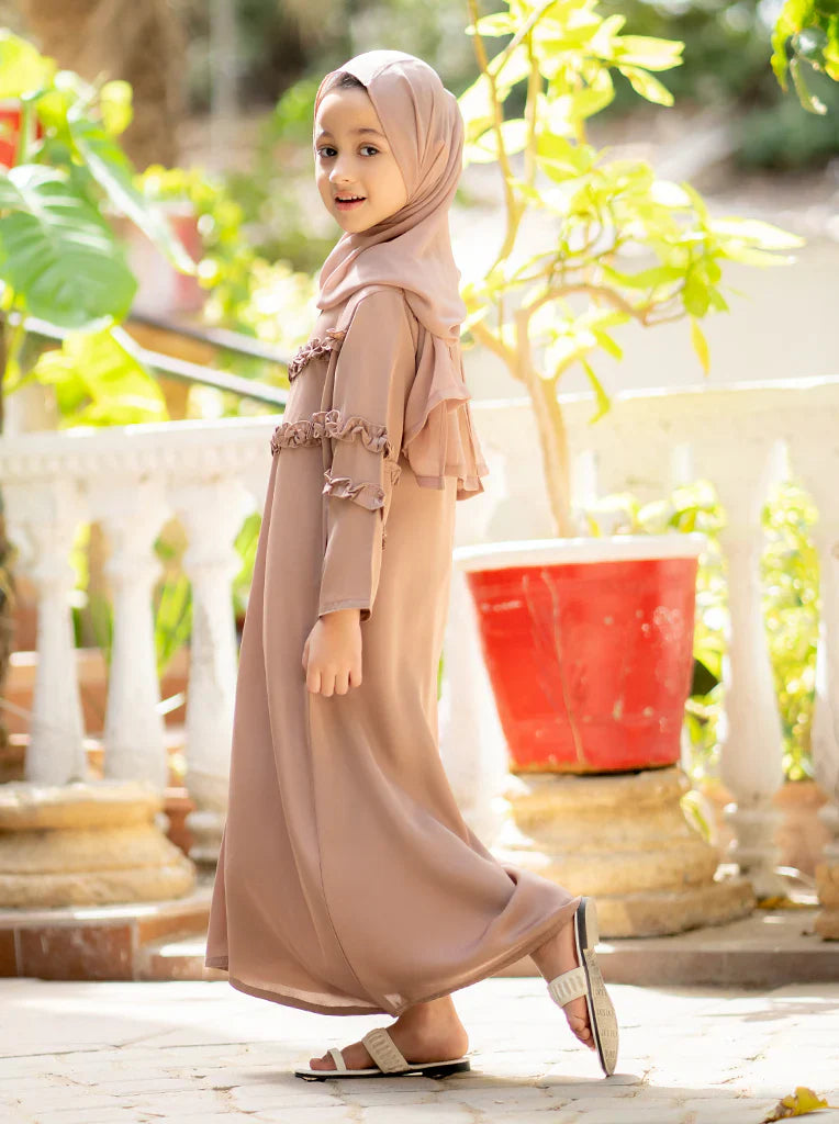 Elegant Ruffle Detailing Abaya in Soft Nude