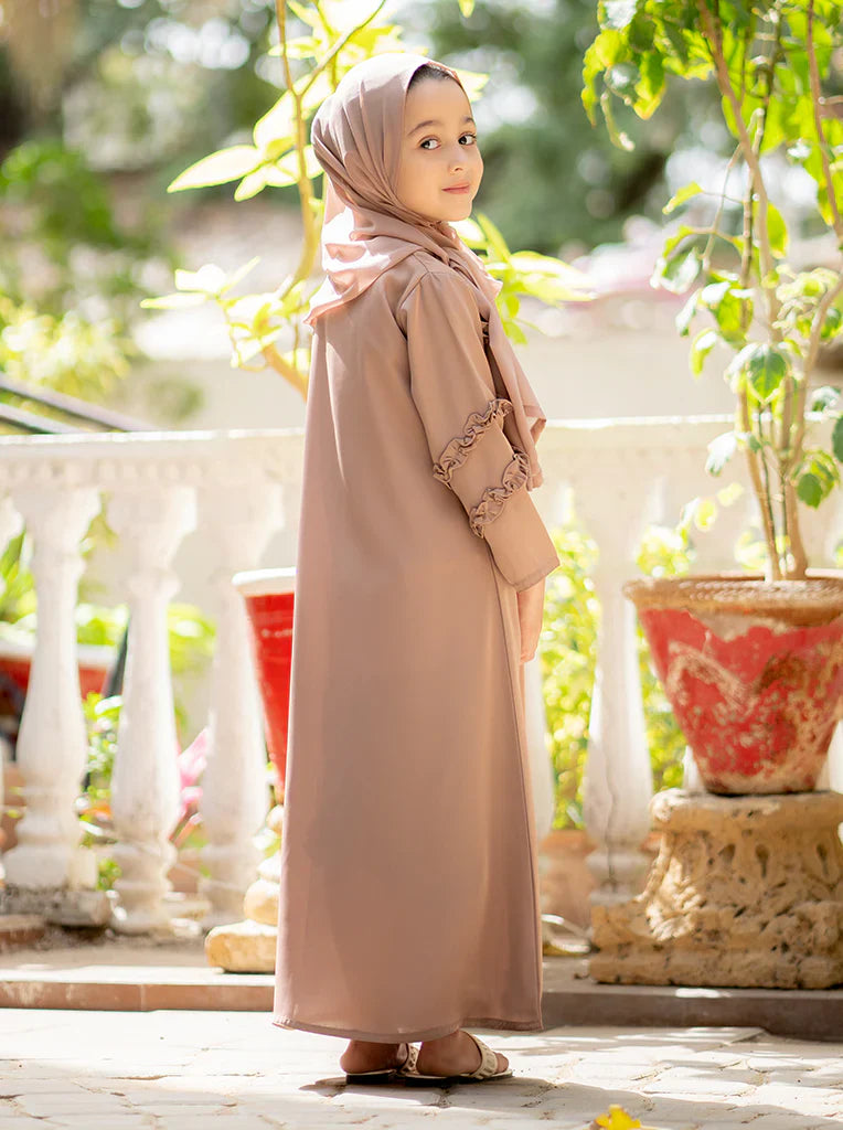 Elegant Ruffle Detailing Abaya in Soft Nude