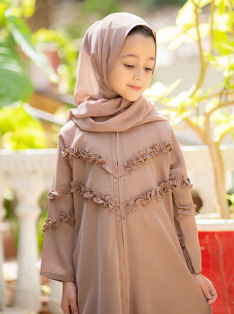 Elegant Ruffle Detailing Abaya in Soft Nude